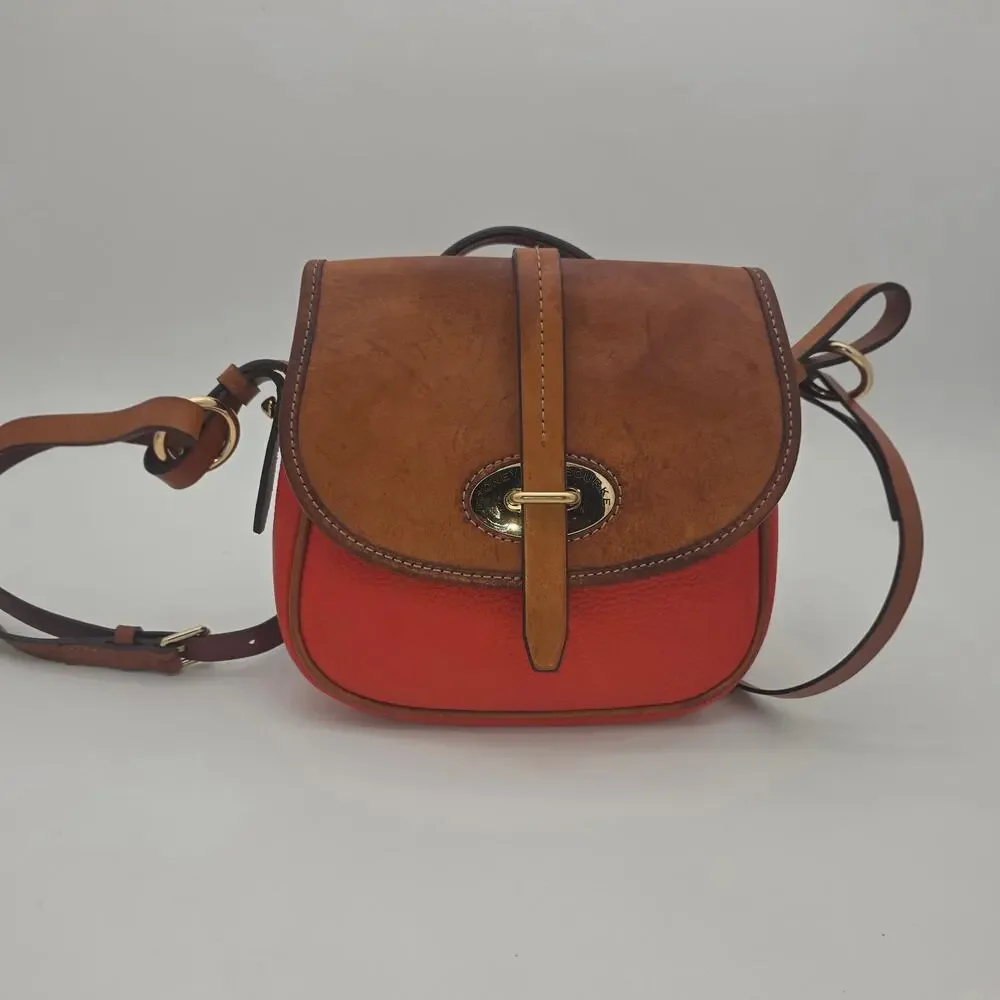 Dooney & Bourke Two-Tone Saddle Crossbody – Coral & Tan, Gold Hardware